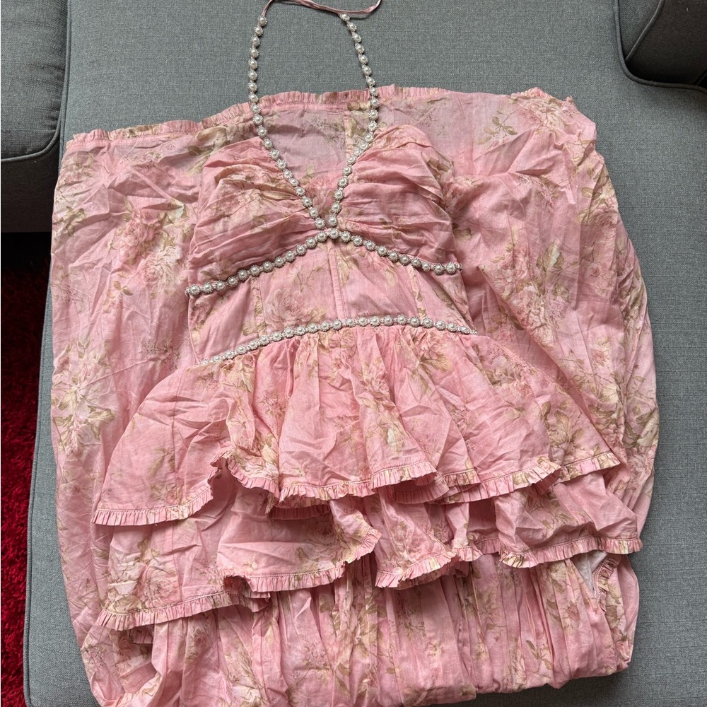 V. Chapman Pink Floral Ruffled Prom Dress with Pearl Straps